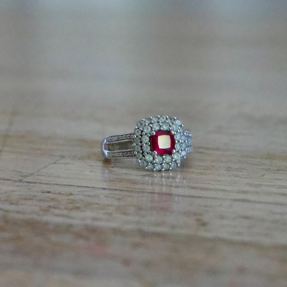 925 Sterling Silver Lab Ruby Double Halo Cocktail Ring Recencycore Size 7 - Picture 2 of 6